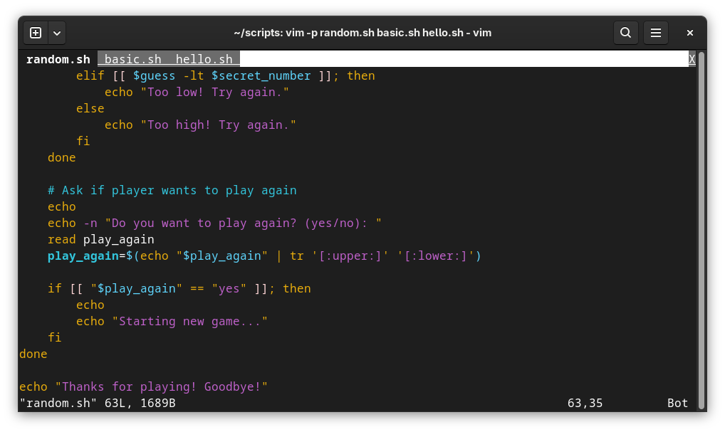 Three files opened in separate tabs in Vim