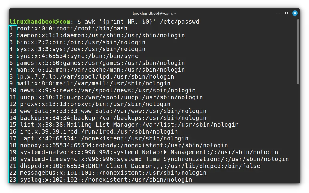 Print with number line in awk command