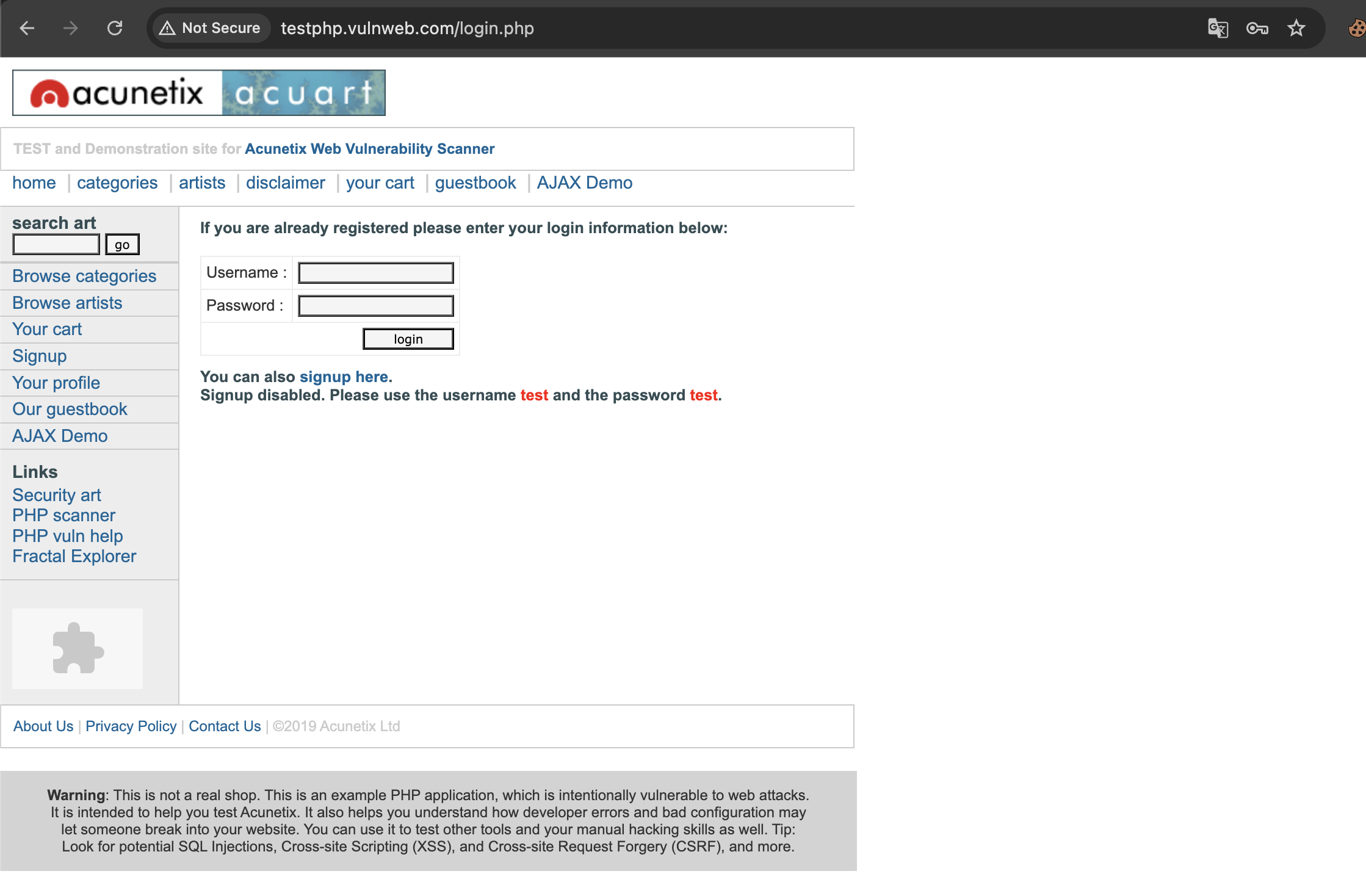 Vulnweb vulnerable login form for bruteforce testing