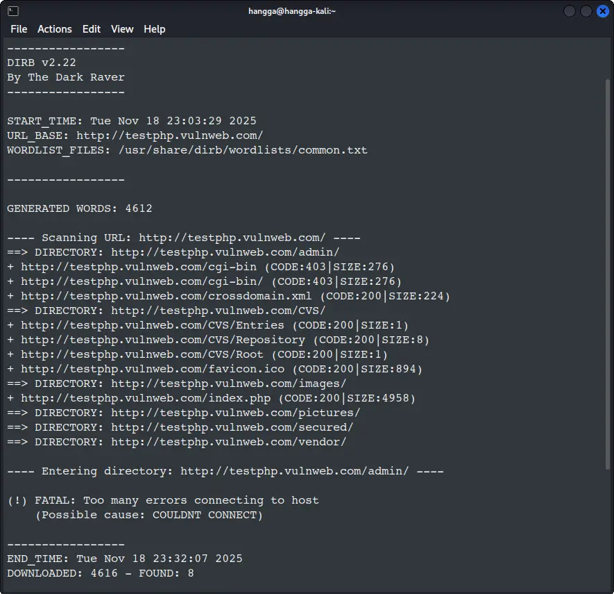directory buster with dirb in Kali Linux