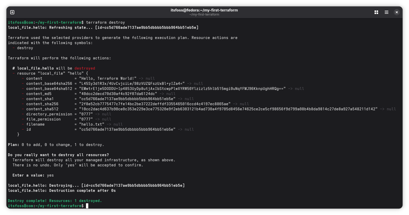 Terraform Destroy command and its output