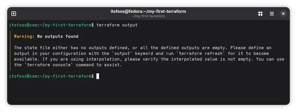 The terraform output command and its result.