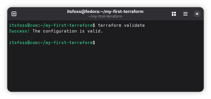 Terraform validate command with success message.