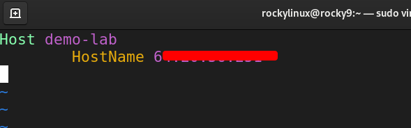 Screenshot of SSH config showing Host demo-lab with HostName value