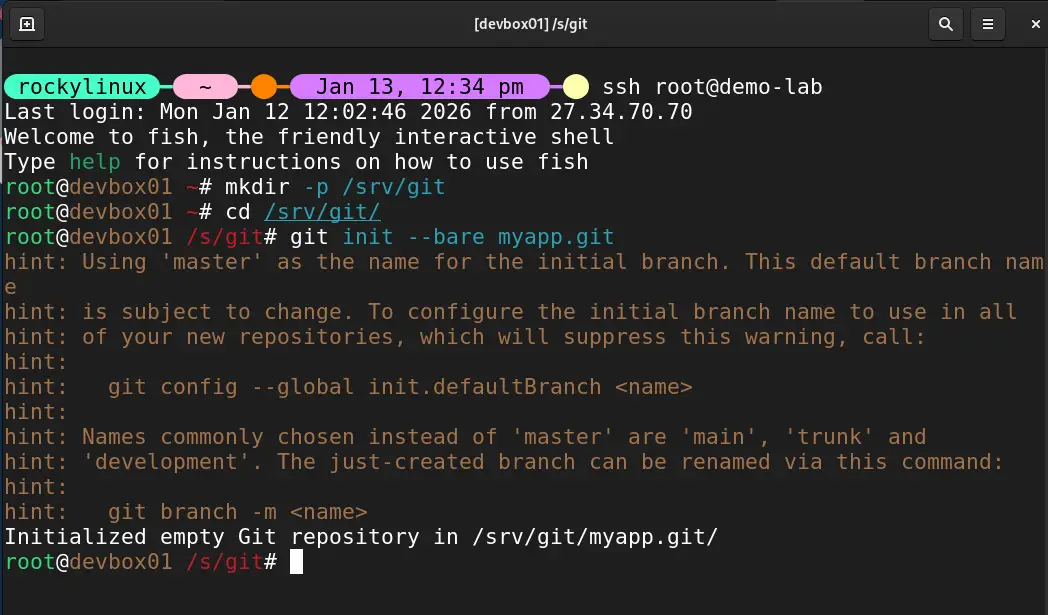 Screenshot of initializing a bare Git repo on the server for direct SSH push