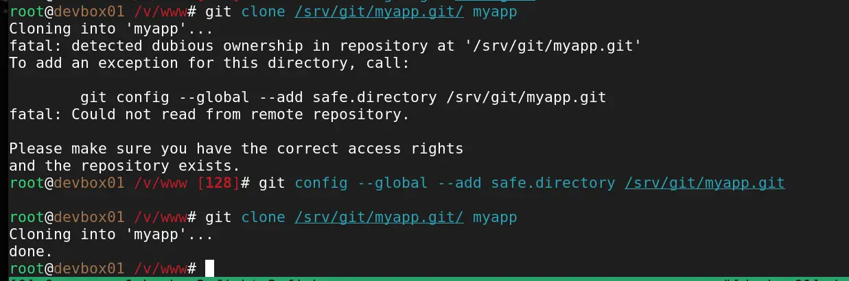 Console screenshot of cloning a bare repository after applying Git safe.directory exception