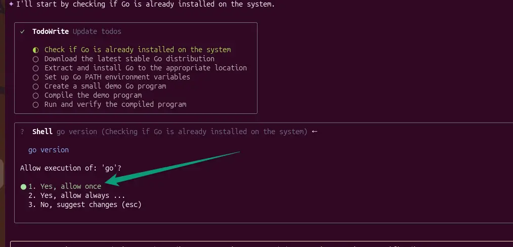 Terminal showing Qwen Code CLI prompting for approval to run a shell command