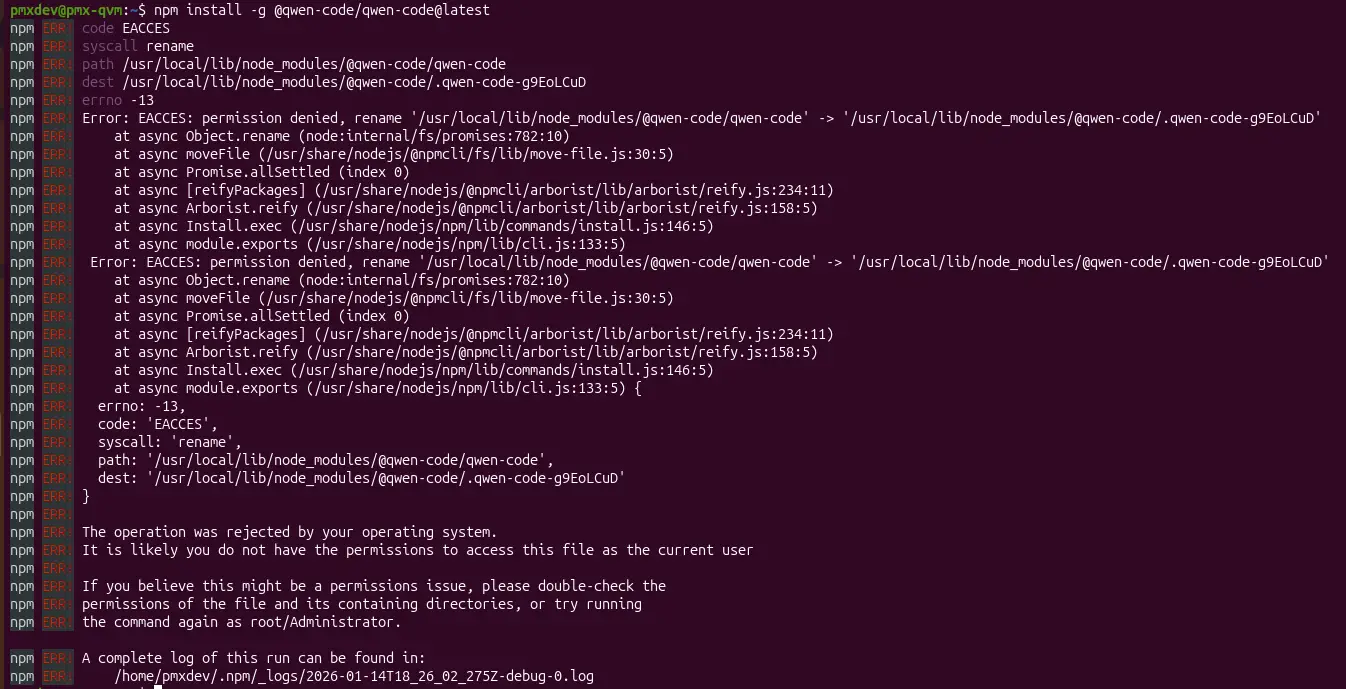Qwen Code CLI installation error without running as a Sudo User