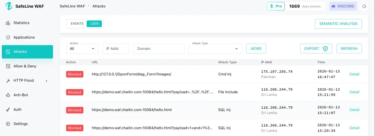 Safeline WAF attack logs
