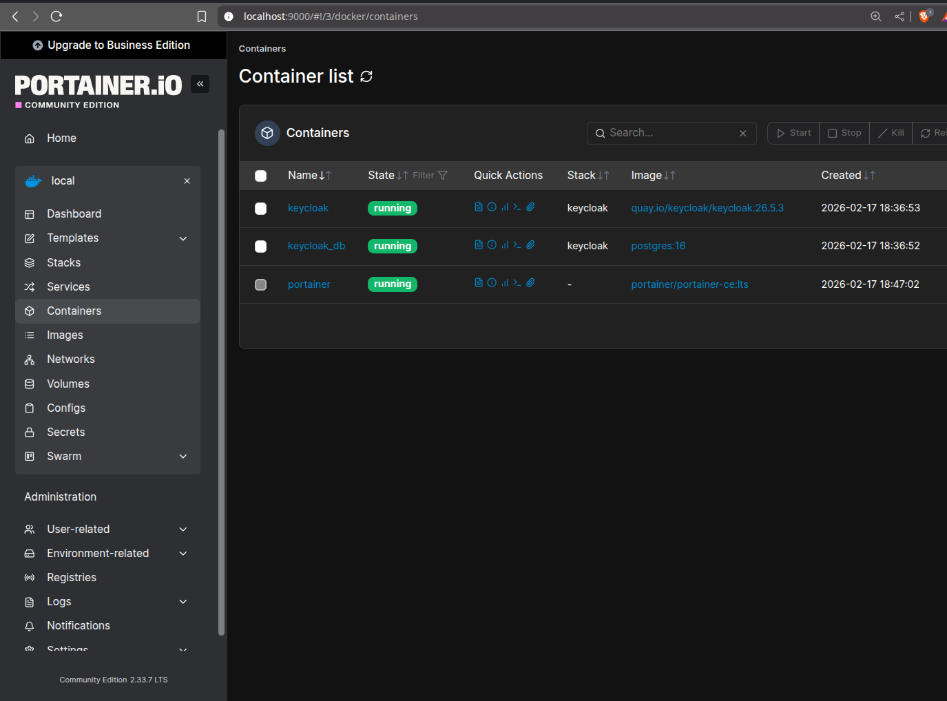 Self hosted Portainer running on localhost:9000. 