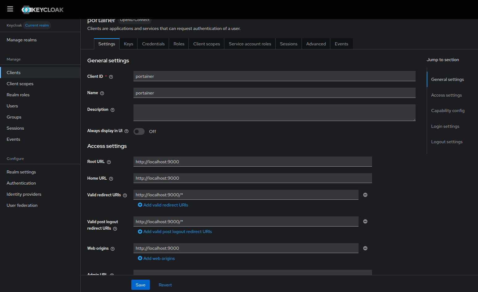 Client configurations in keycloak.