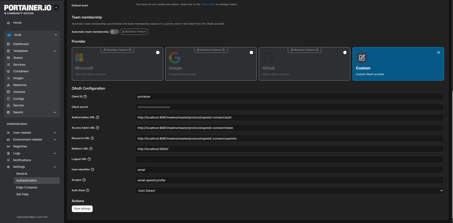 Custom auth support in Portainer.