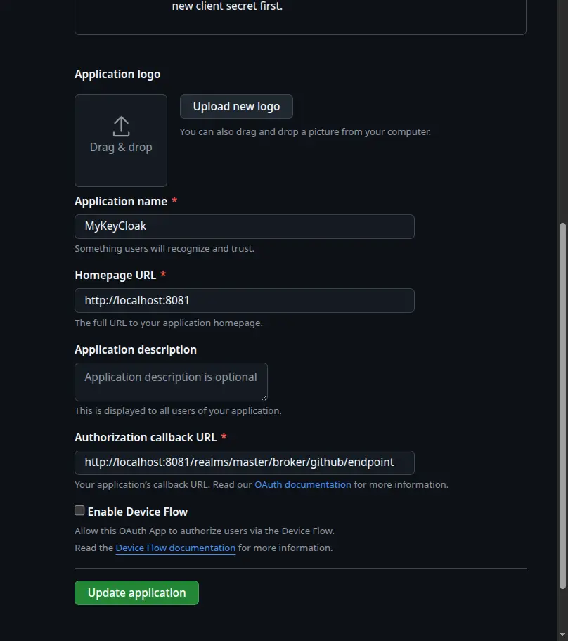 Setting OAuth for Github through keycloak.
