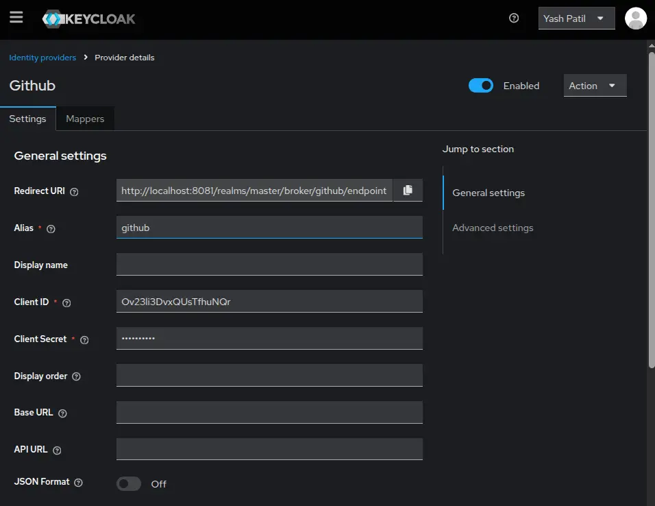 Settings for Identity Provider with credentials.