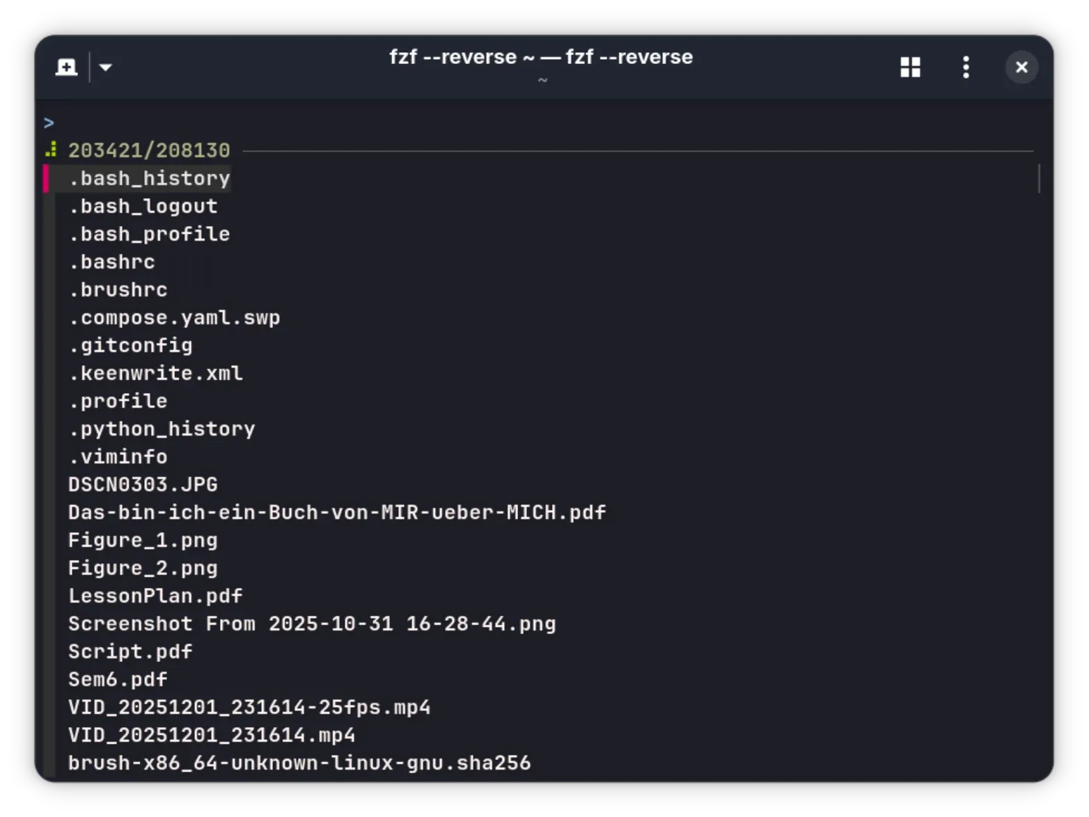 reverse search result with fzf fuzzy search