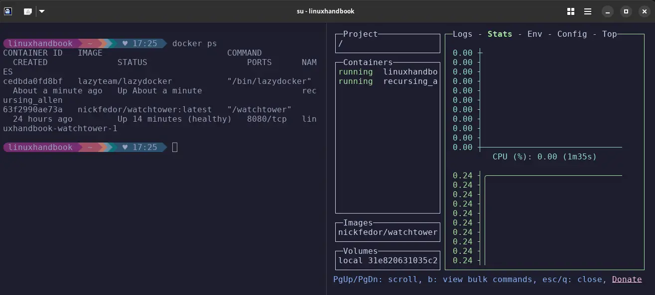Lazydocker showing running containers, images, volumes, etc.
