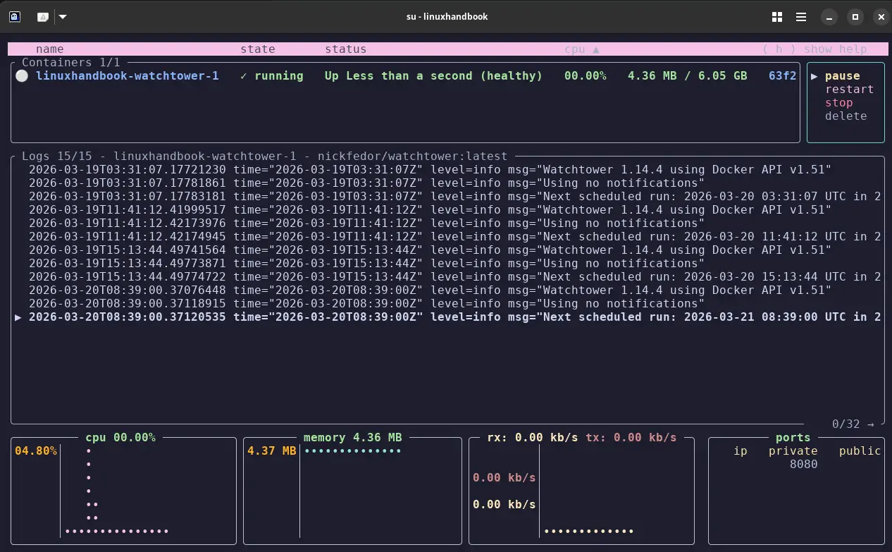 Oxker in action showing CPU, Memory and containers.