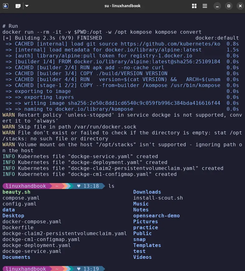 Kompose coverting compose-files to manifest files.
