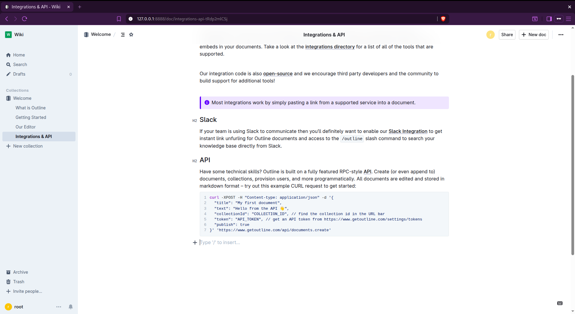 API integration feature of Outline.