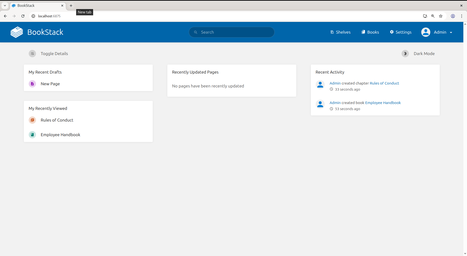 Bookstack running on localhost:6875.