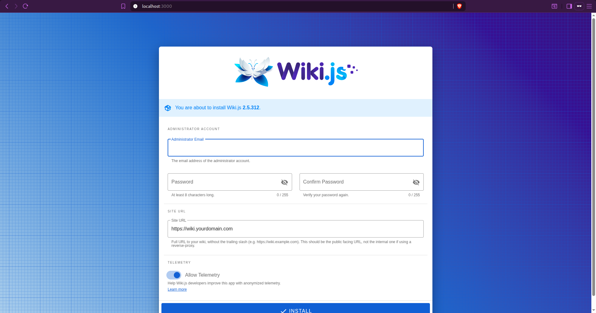 Wiki.js initial configuration page.