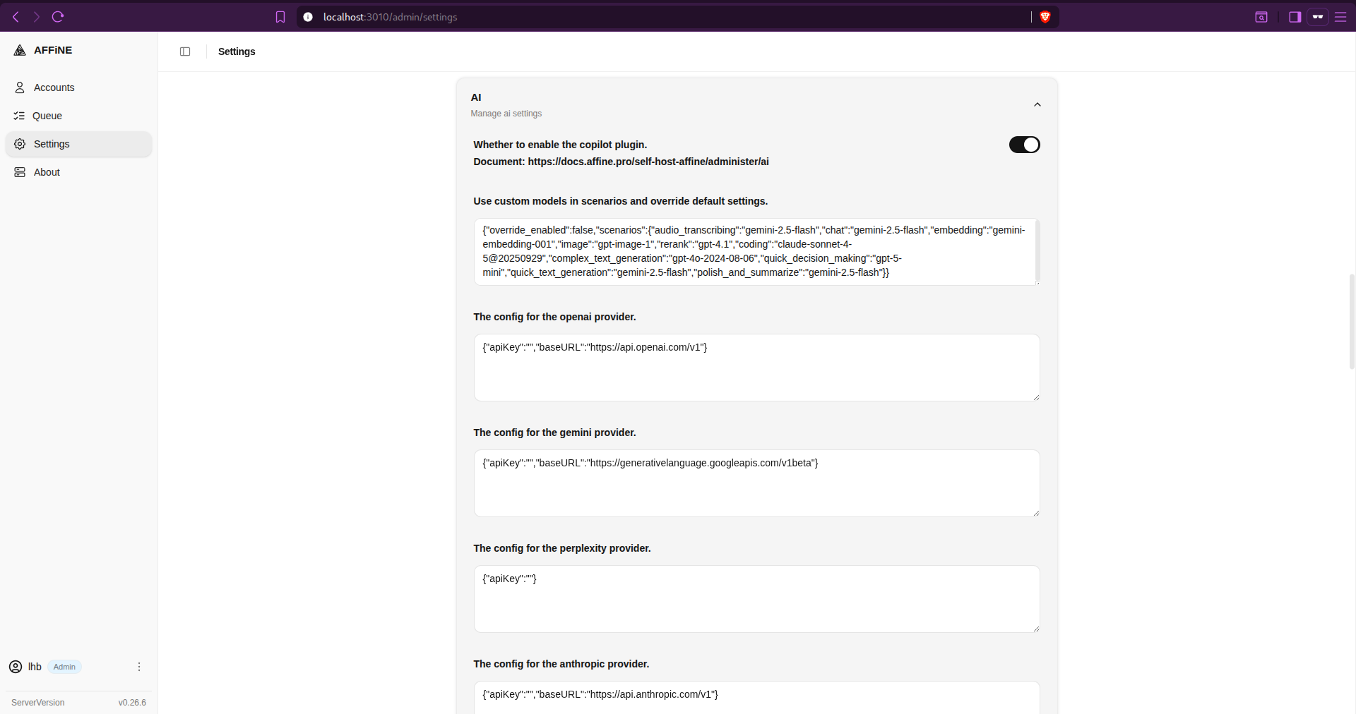 API integration feature configuration in AFFiNE.