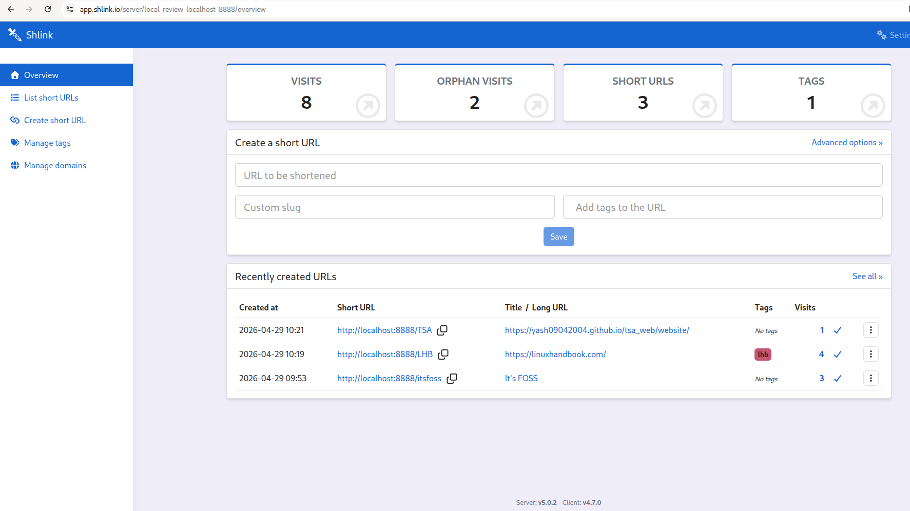 Hompage of shlink.