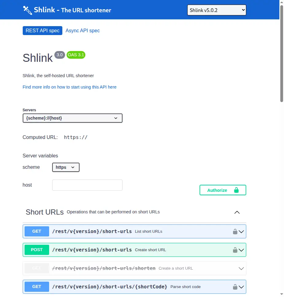 REST API spec documentation for shlink.