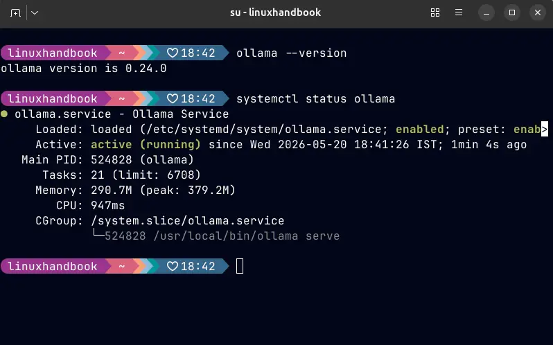 Ollama version and running status.