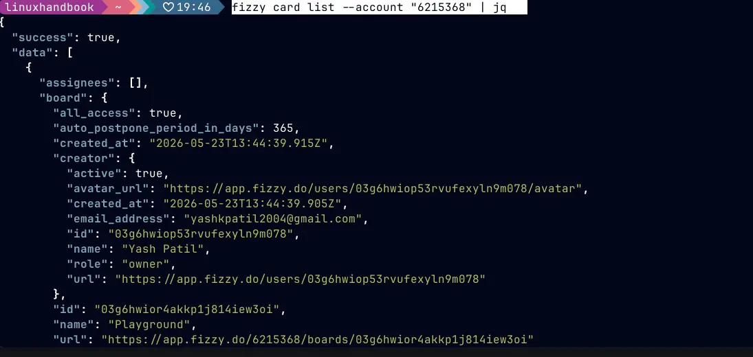 Formatted JSON output of fizzy
