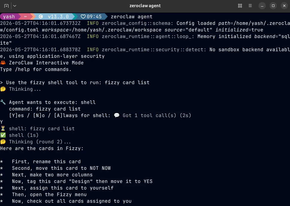 Fizzy cli with zeroclaw agent
