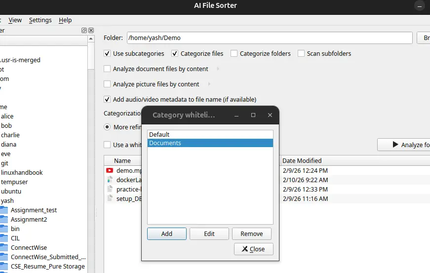 Category whitelist options in aifilesorter