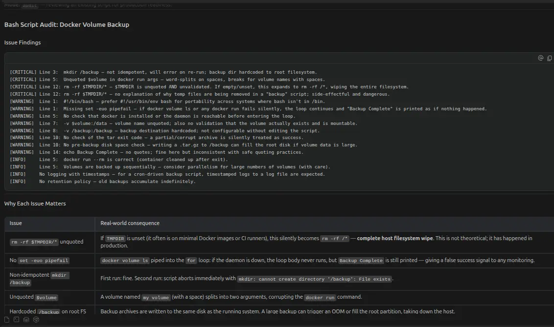 Output of Claude with bash-auditor skill.md