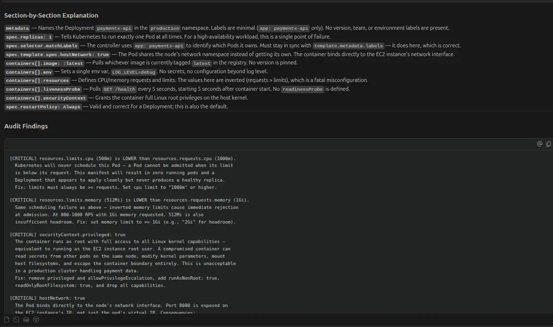 Output of Claude with k8s-manifest-reviewer skill.md