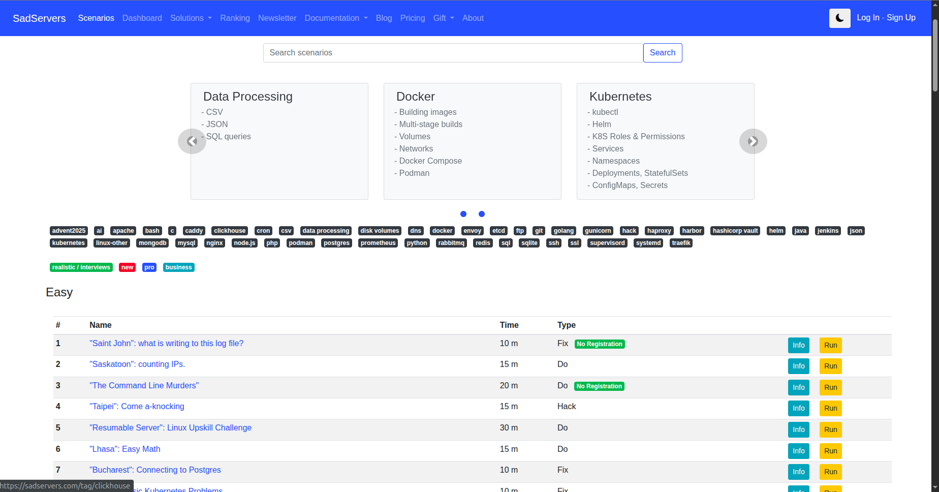 SadServers problem listing page