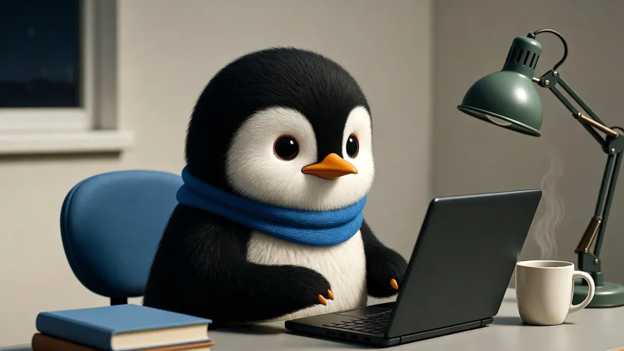 Penguin sitting in front of a laptop