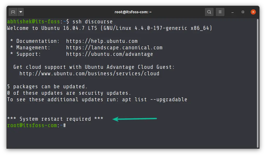 system restart required message on Ubuntu server