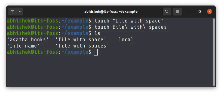 Creating new files with space in their names in Linux