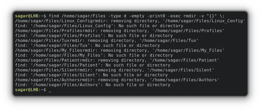 Delete empty directories using find exec command