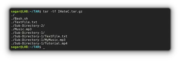 list contents of tar file in linux