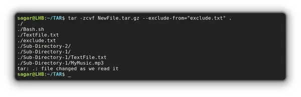 use text file to exclude multiple files and directories while creating tar file in linux