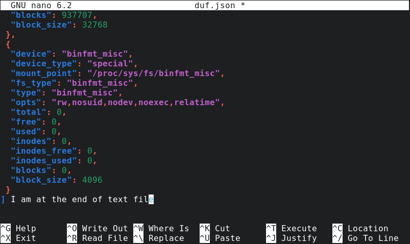 linux nano jump to end of file
