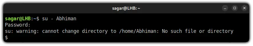 su: warning: cannot change directory to home user: No such file or directory