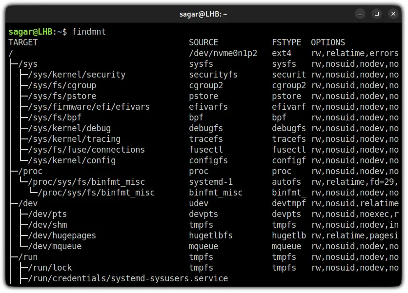 use findmnt command in linux