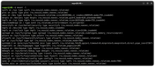 use mount command to list mounted drives in linux