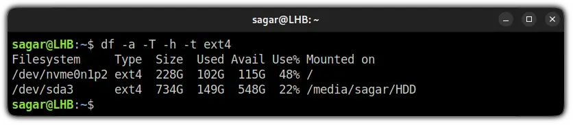 use the df command to list mounted drives in Linux