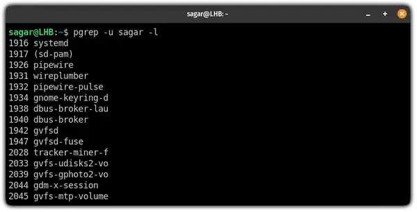 List ongoing processes with their names and PIDs using the pgrep command on linux