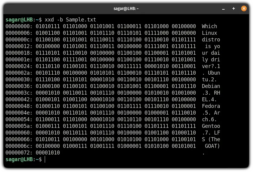 convert from text to binary in linux