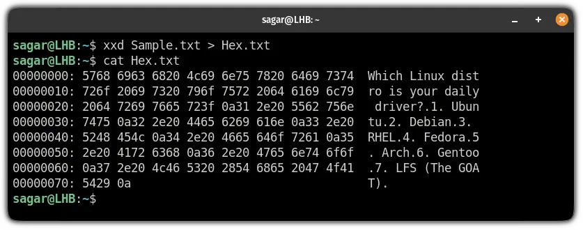 save hext dump to the text file in linux